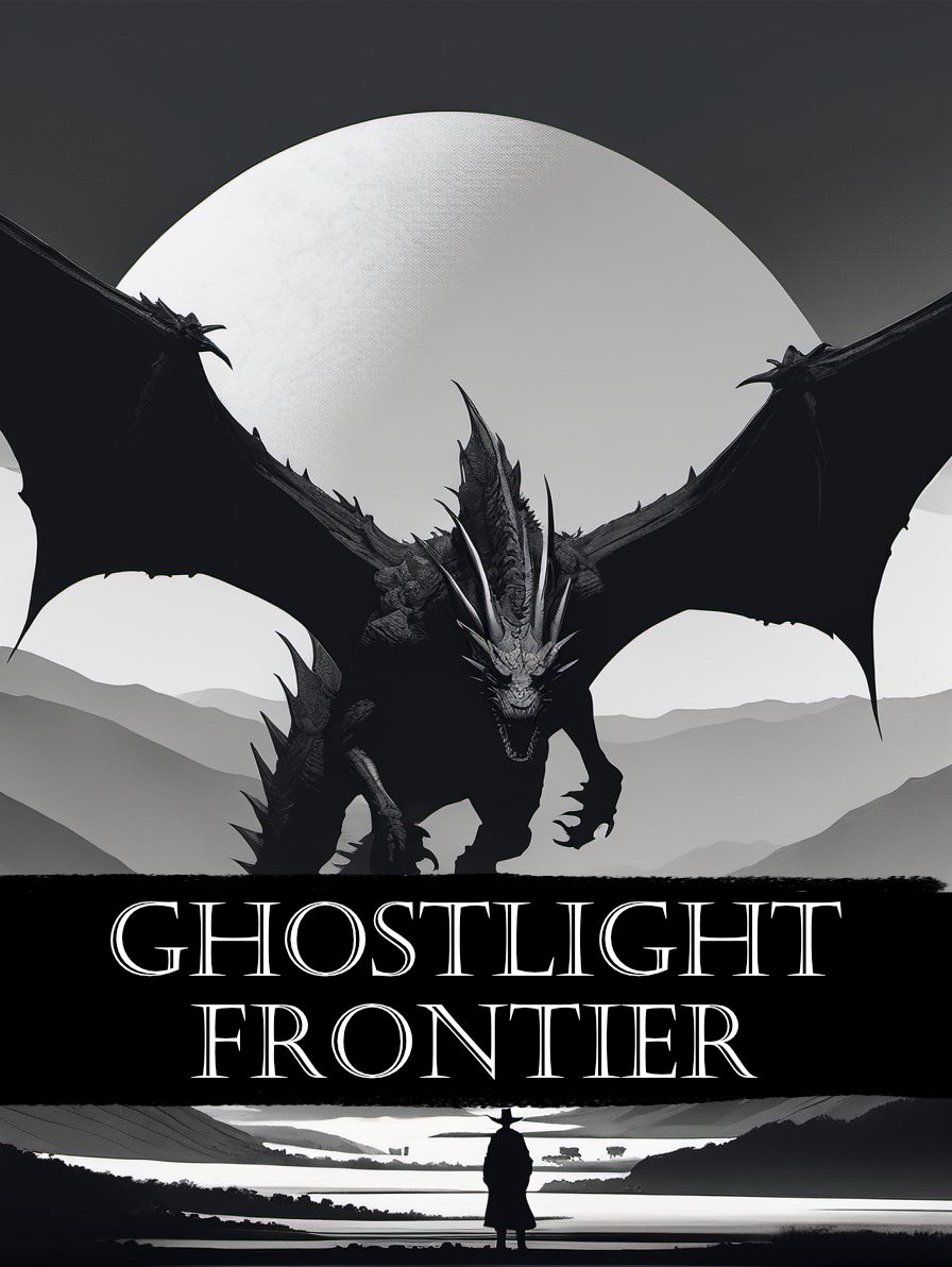 A dragon faces down a cowboy with the words ghostlight frontier in the front.