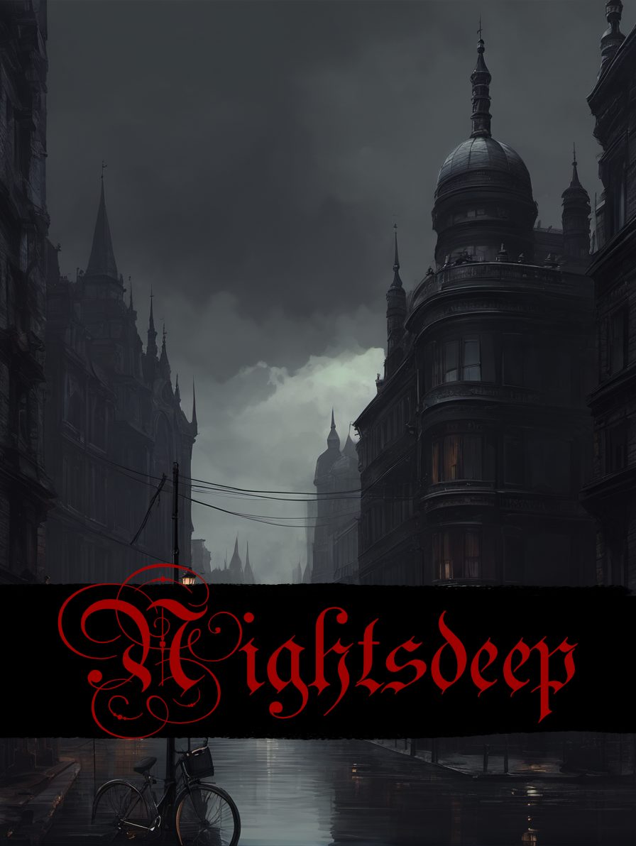 Grim Victorian cityscape with the word Nightsdeep in front of it.
